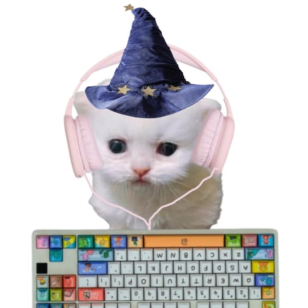 Profile of a cat wearing headphones and a wizard hat.